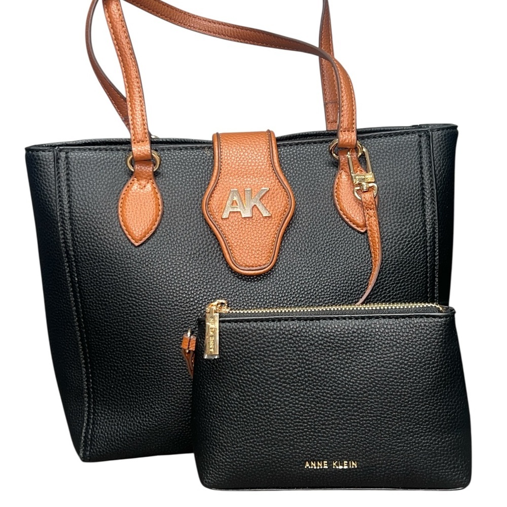 Anne Klein Black Tote with Tan Trim and Matching Pouch